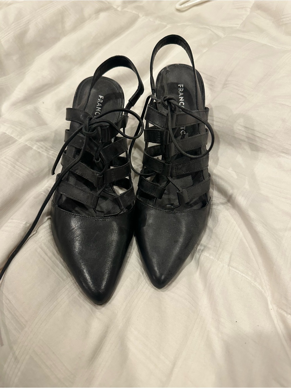 Franco Sarto Black Lace-Up Pointed Slingback Heels